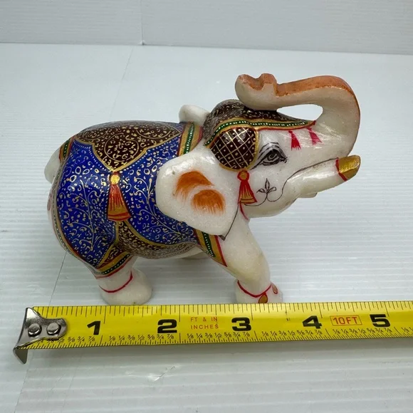 VTG White Marble Trunk Up Stone Hand Painted Elephant StatueHome Decor Gift
